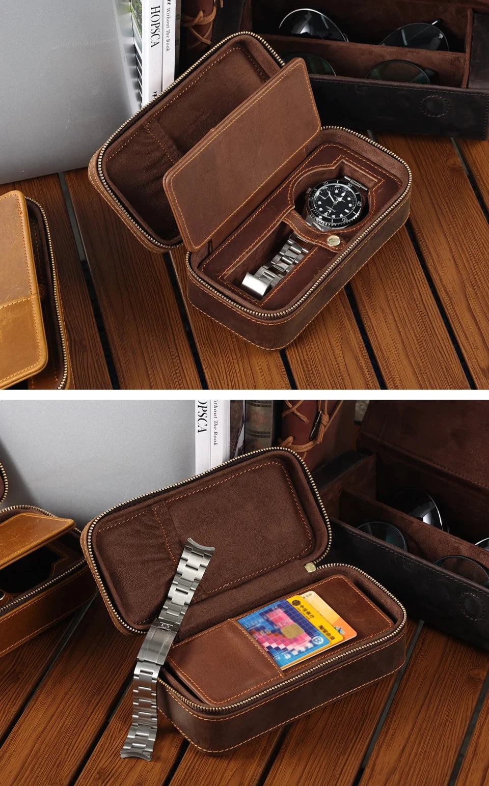 Genuine Leather Zipper Watch Roll Organizer| Portable Travel Watch Storage Case