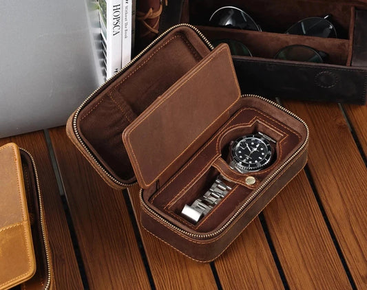 Genuine Leather Zipper Watch Roll Organizer| Portable Travel Watch Storage Case