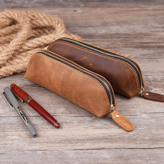 Vintage Leather Pencil Case – Retro Zipper Pencil Pouch, Pen Holder & Stationery Storage for Kids, Office & School Accessories