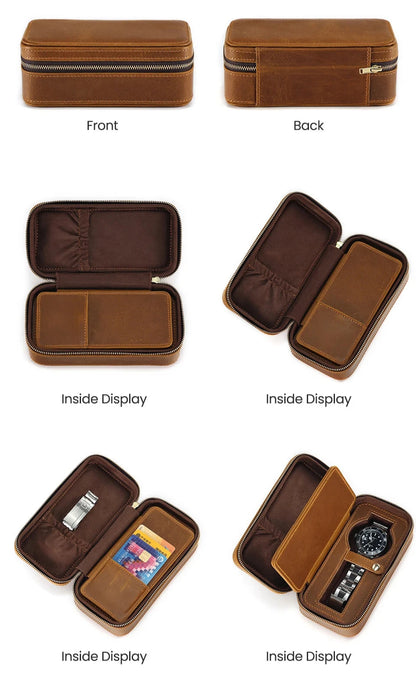 Genuine Leather Zipper Watch Roll Organizer| Portable Travel Watch Storage Case