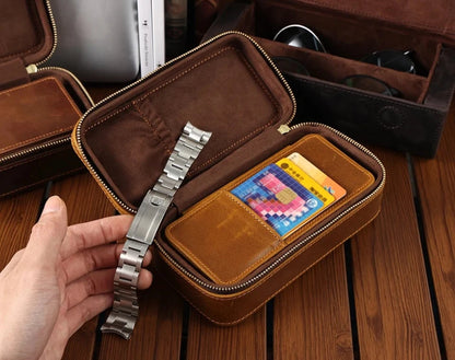 Genuine Leather Zipper Watch Roll Organizer| Portable Travel Watch Storage Case