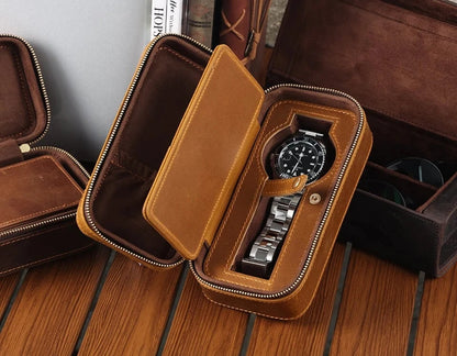 Genuine Leather Zipper Watch Roll Organizer| Portable Travel Watch Storage Case