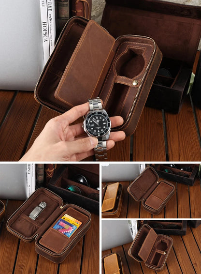 Genuine Leather Zipper Watch Roll Organizer| Portable Travel Watch Storage Case