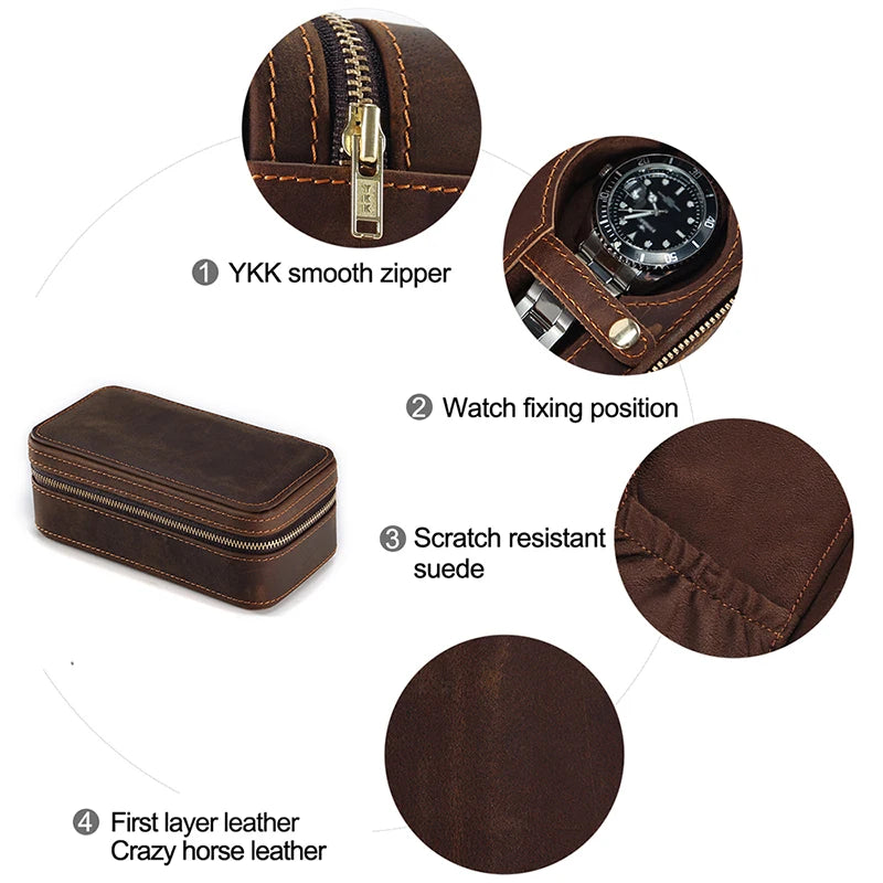 Genuine Leather Zipper Watch Roll Organizer| Portable Travel Watch Storage Case