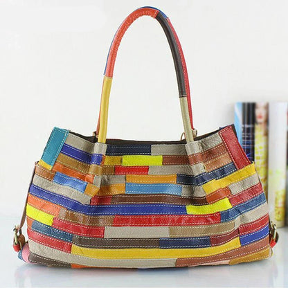 Large Colorful Patchwork Retro Women's Leather Tote Bag