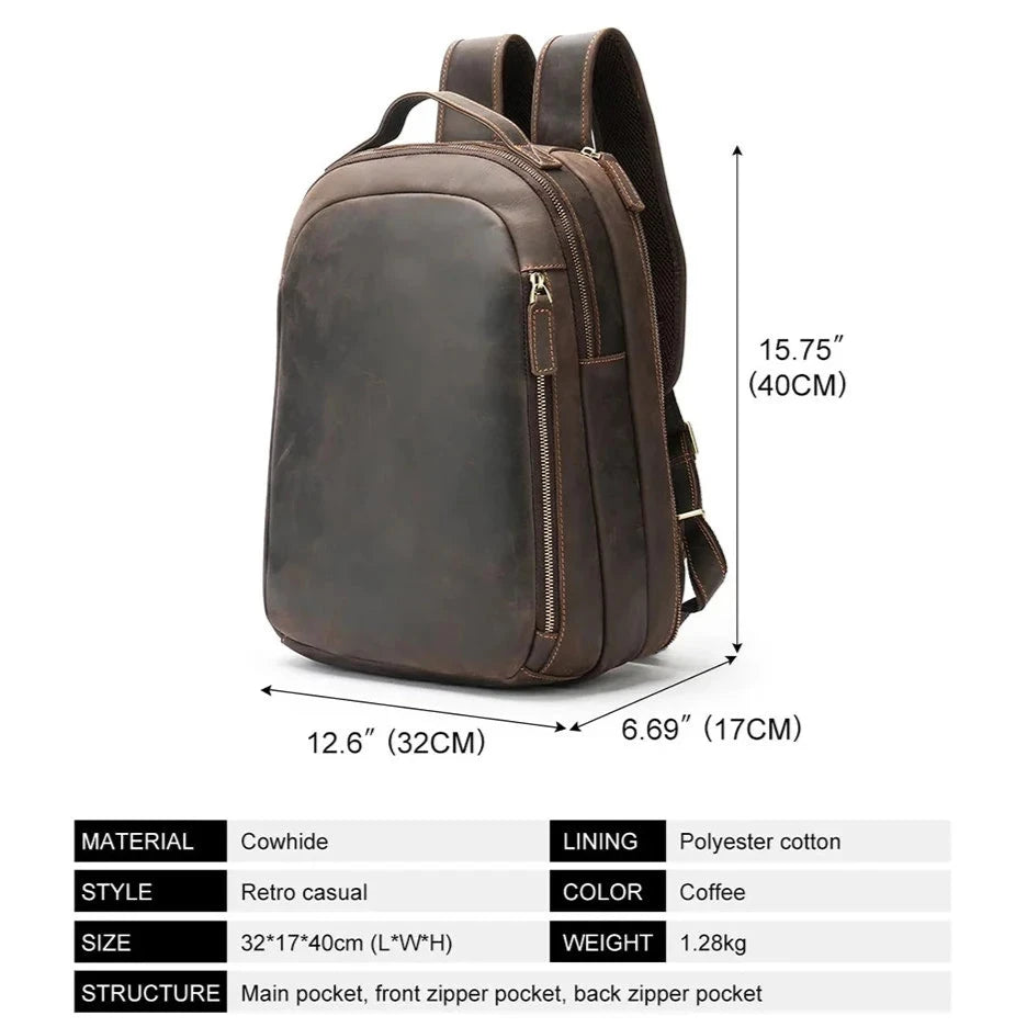 Men's Premium Genuine Leather Backpack – 14 Inch Laptop Backpack for Daily Use