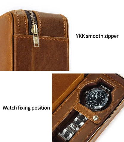 Genuine Leather Zipper Watch Roll Organizer| Portable Travel Watch Storage Case