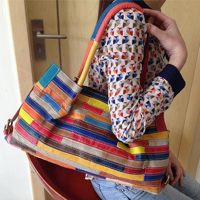 Large Colorful Patchwork Retro Women's Leather Tote Bag